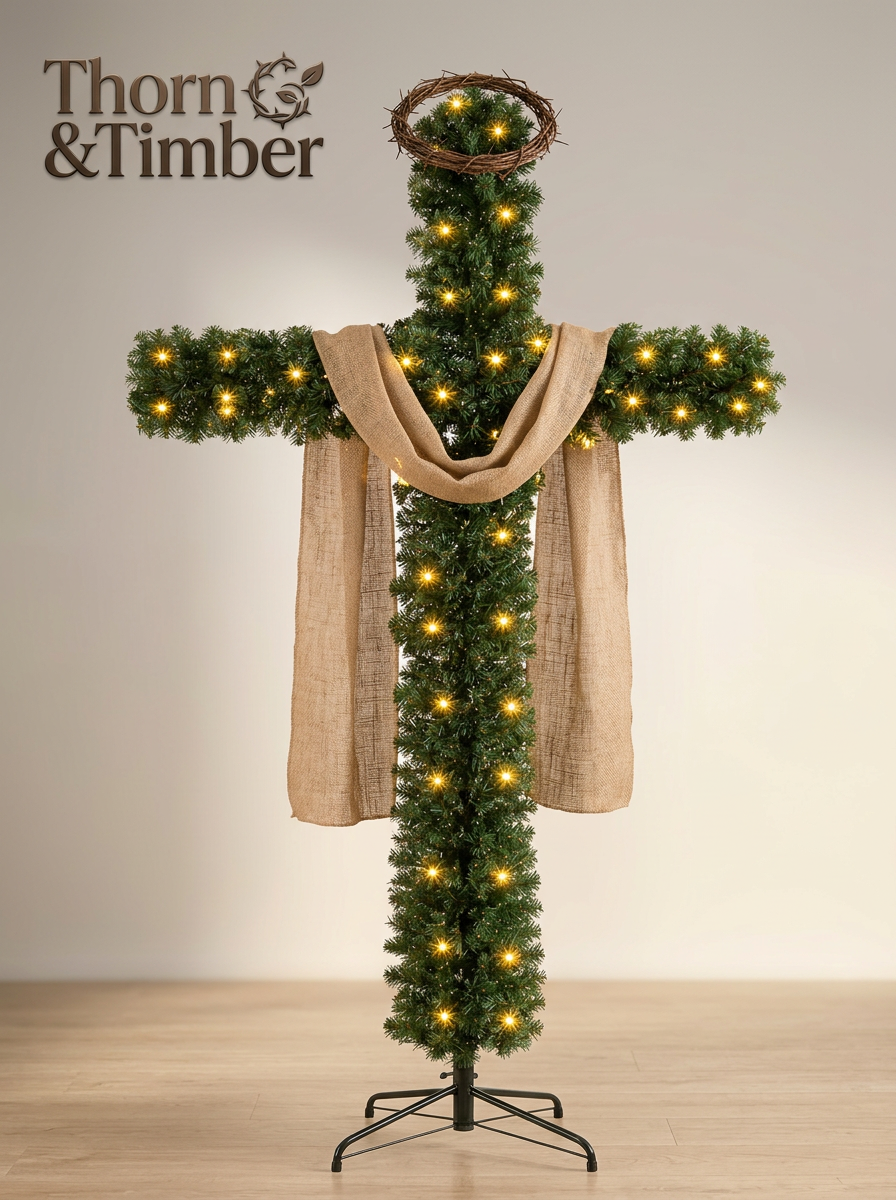Pre-lit cross Christmas tree with draped cloth and thorn halo